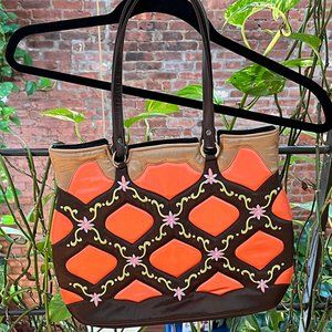 Oovoo Orange and Brown Floral Pattern Handbag